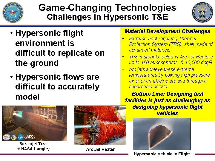 Game-Changing Technologies Challenges in Hypersonic T&E • Hypersonic flight environment is difficult to replicate