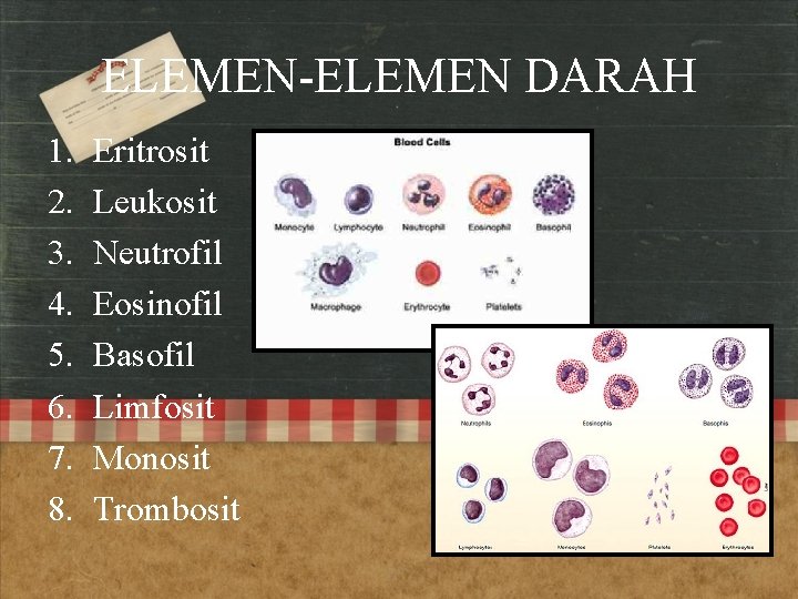 ELEMEN-ELEMEN DARAH 1. 2. 3. 4. 5. 6. 7. 8. Eritrosit Leukosit Neutrofil Eosinofil