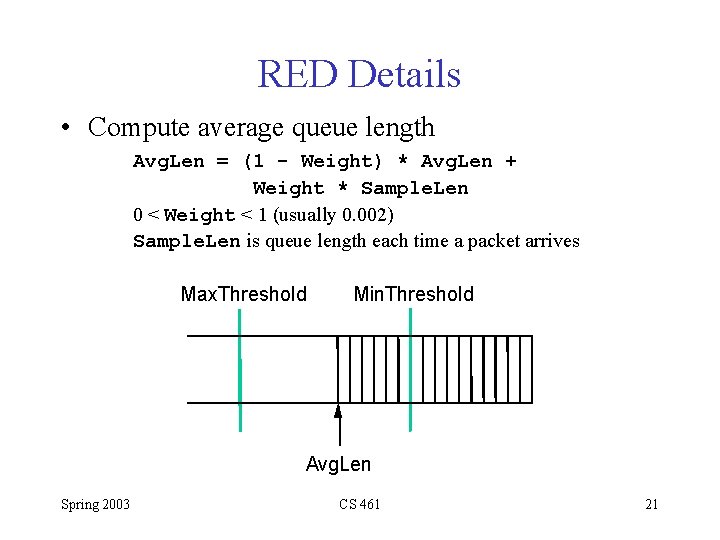 RED Details • Compute average queue length Avg. Len = (1 - Weight) *