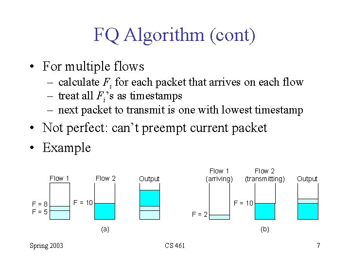 FQ Algorithm (cont) • For multiple flows – calculate Fi for each packet that