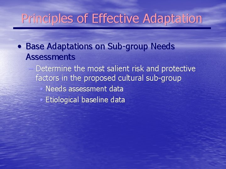 Principles of Effective Adaptation • Base Adaptations on Sub-group Needs Assessments – Determine the