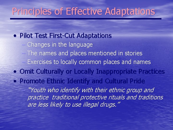 Principles of Effective Adaptations • Pilot Test First-Cut Adaptations – Changes in the language