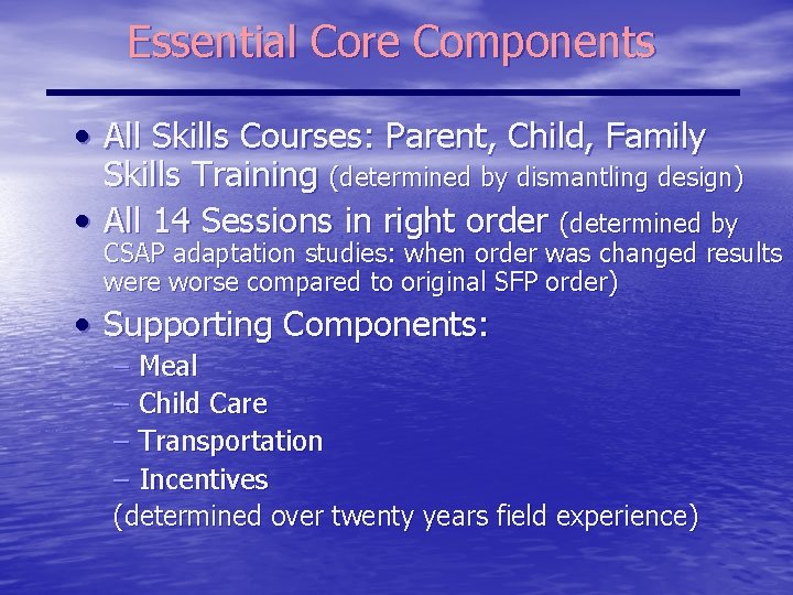 Essential Core Components • All Skills Courses: Parent, Child, Family Skills Training (determined by