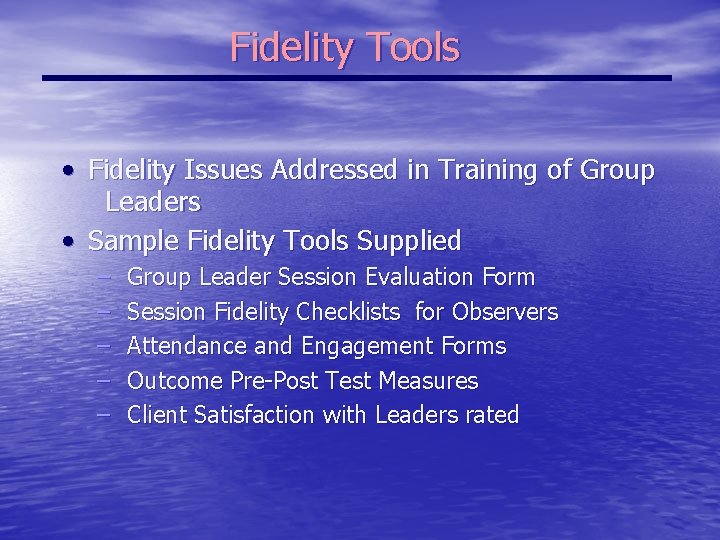 Fidelity Tools • Fidelity Issues Addressed in Training of Group Leaders • Sample Fidelity