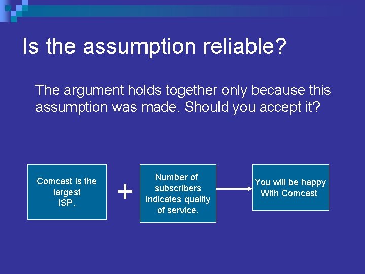 Is the assumption reliable? The argument holds together only because this assumption was made.