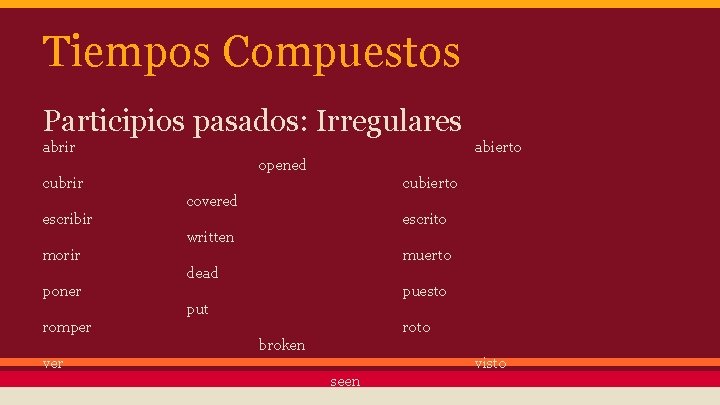 Tiempos Compuestos Participios pasados: Irregulares abrir abierto opened cubrir cubierto covered escribir escrito written