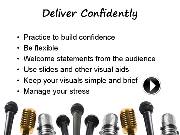 Deliver Confidently • • • Practice to build confidence Be flexible Welcome statements from