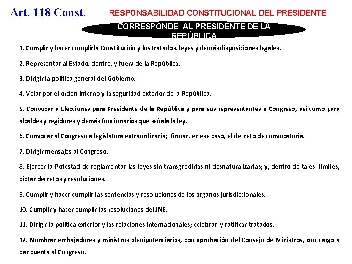 Art. 118 Const. RESPONSABILIDAD CONSTITUCIONAL DEL PRESIDENTE CORRESPONDE AL PRESIDENTE DE LA REPÚBLICA 1.