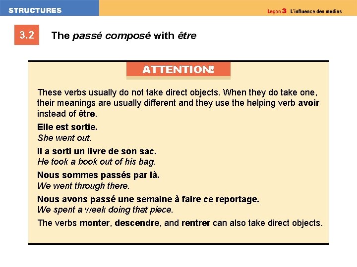 3. 2 The passé composé with être ATTENTION! These verbs usually do not take