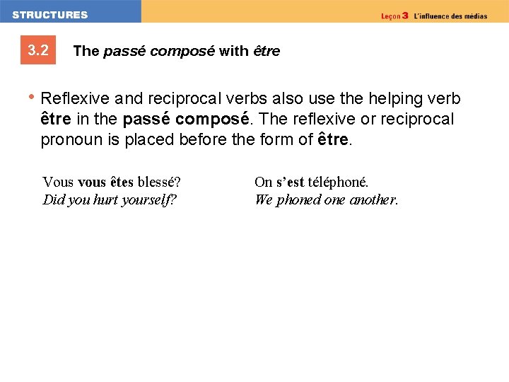 3. 2 The passé composé with être • Reflexive and reciprocal verbs also use