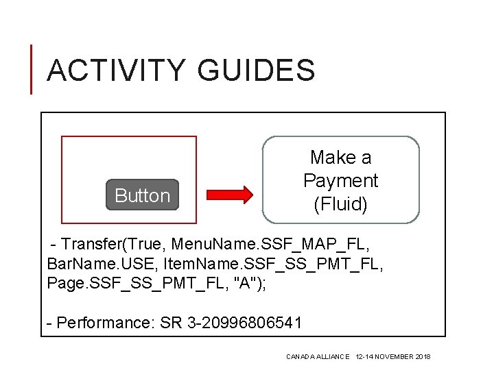 ACTIVITY GUIDES Make a Payment (Fluid) Button - Transfer(True, Menu. Name. SSF_MAP_FL, Bar. Name.