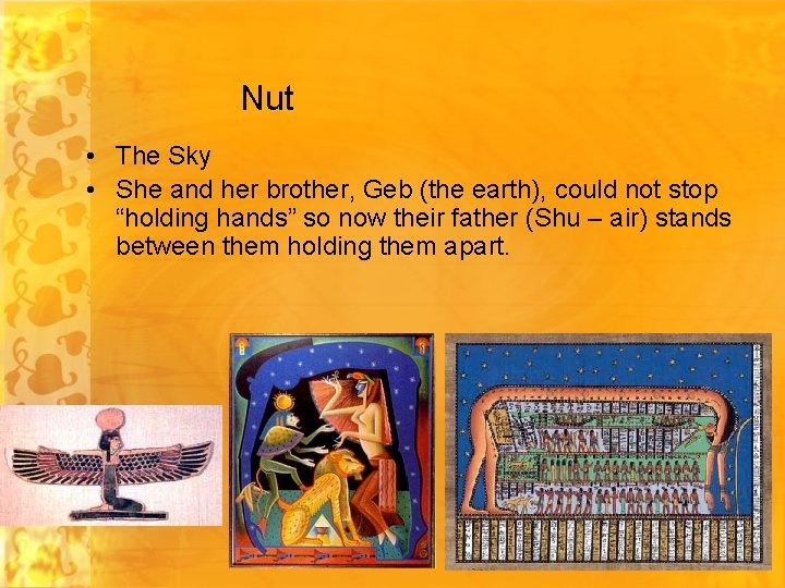 Nut • The Sky • She and her brother, Geb (the earth), could not