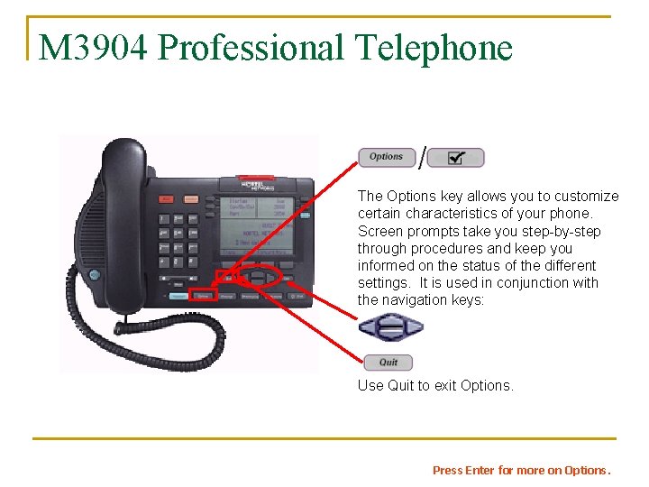 M 3904 Professional Telephone The Options key allows you to customize certain characteristics of