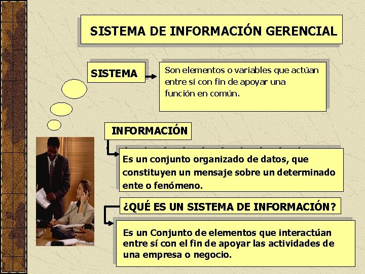 SISTEMA DE INFORMACIÓN GERENCIAL SISTEMA Son elementos o variables que actúan entre sí con