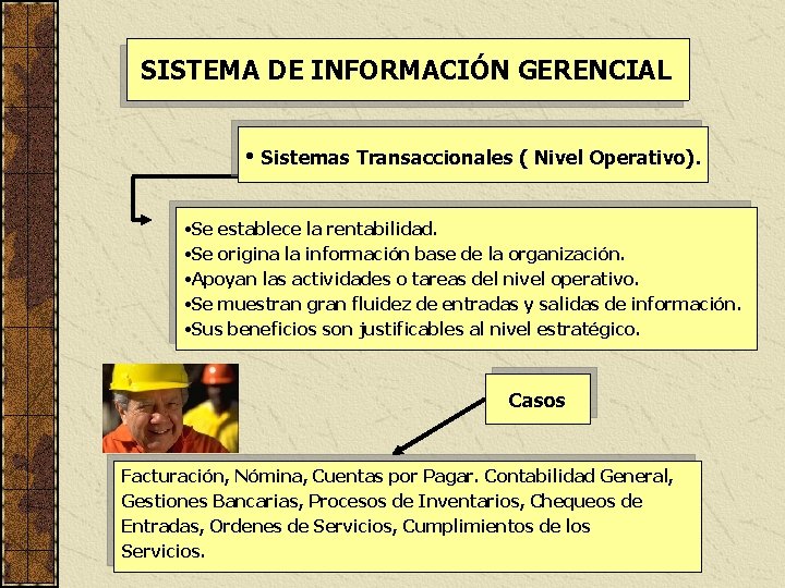 SISTEMA DE INFORMACIÓN GERENCIAL • Sistemas Transaccionales ( Nivel Operativo). • Se establece la