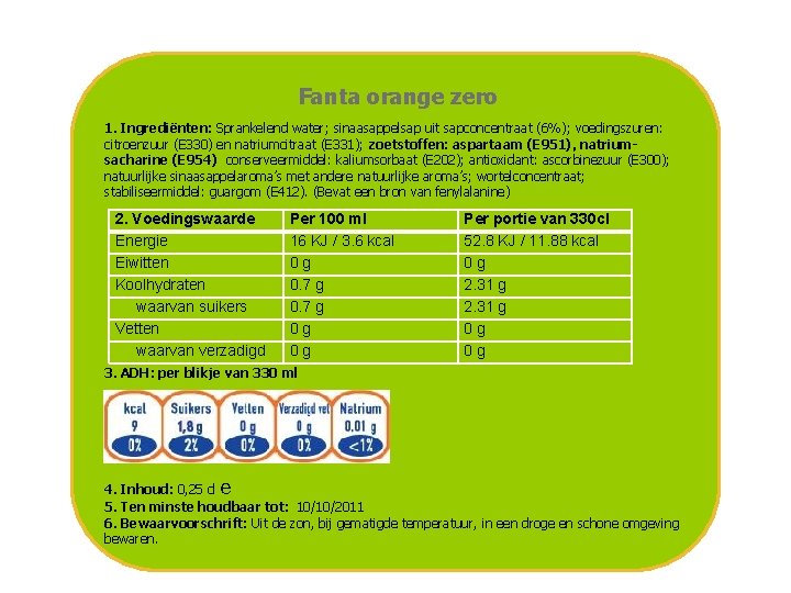 Fanta orange zero 1. Ingrediënten: Sprankelend water; sinaasappelsap uit sapconcentraat (6%); voedingszuren: citroenzuur (E