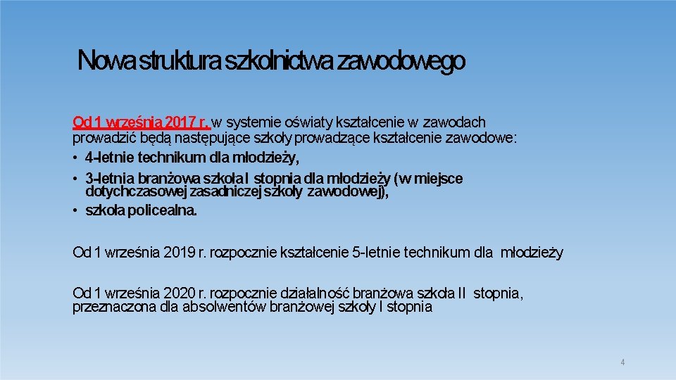 Nowastruktura szkolnictwa zawodowego Od 1 września 2017 r. w systemie oświaty kształcenie w zawodach