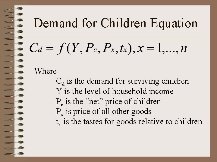 Demand for Children Equation Where Cd is the demand for surviving children Y is