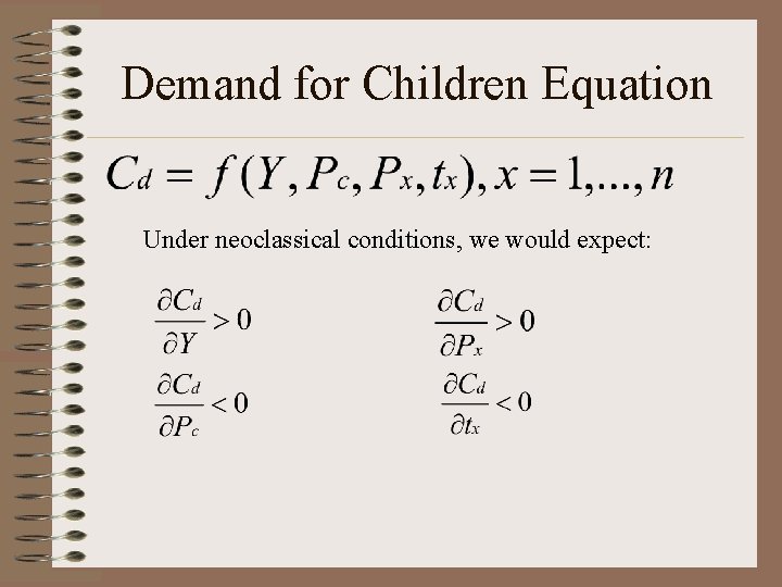 Demand for Children Equation Under neoclassical conditions, we would expect: 