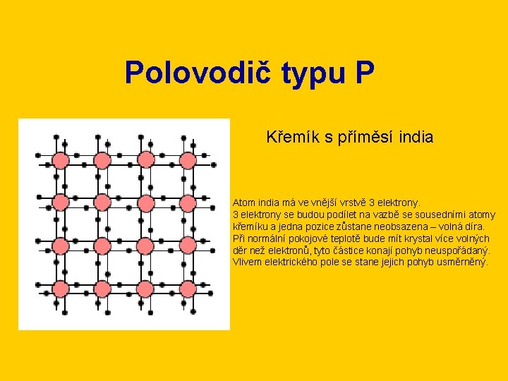 Polovodič typu P Křemík s příměsí india Atom india má ve vnější vrstvě 3