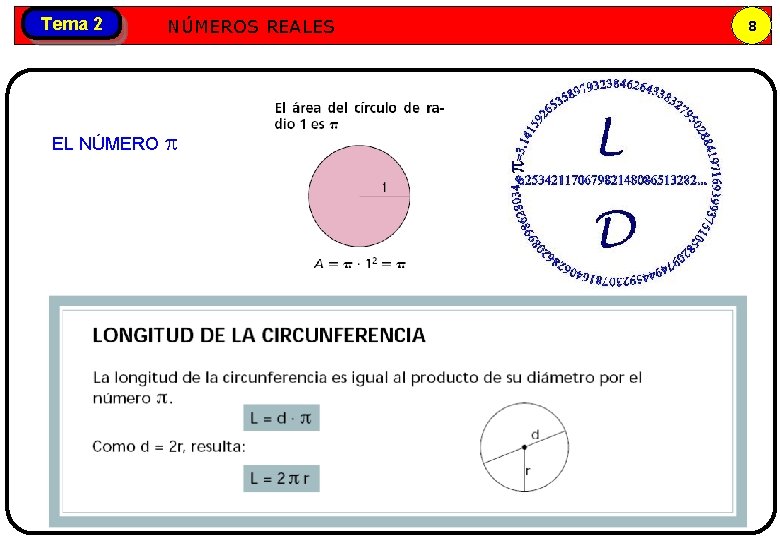 Tema 2 EL NÚMERO Números NÚMEROS REALES reales 8 