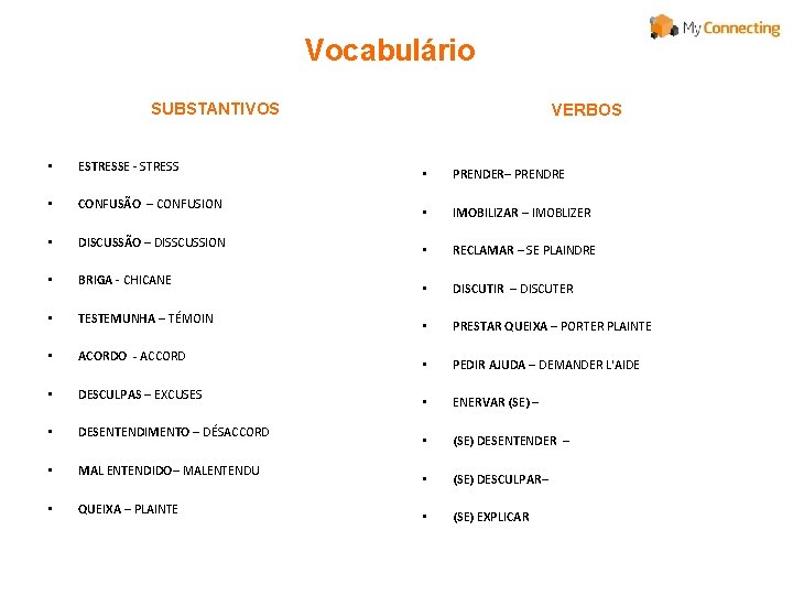 Vocabulário SUBSTANTIVOS • ESTRESSE - STRESS • CONFUSÃO – CONFUSION • DISCUSSÃO – DISSCUSSION