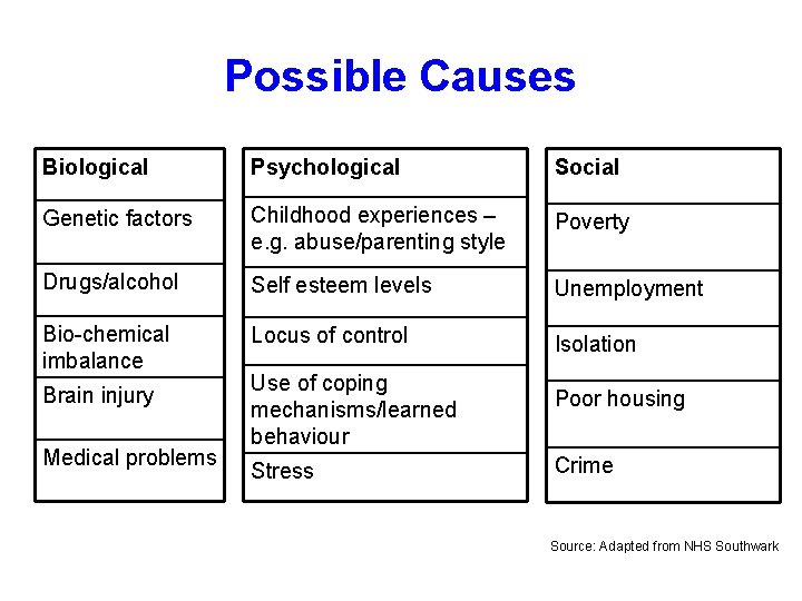 Possible Causes Biological Psychological Social Genetic factors Childhood experiences – e. g. abuse/parenting style