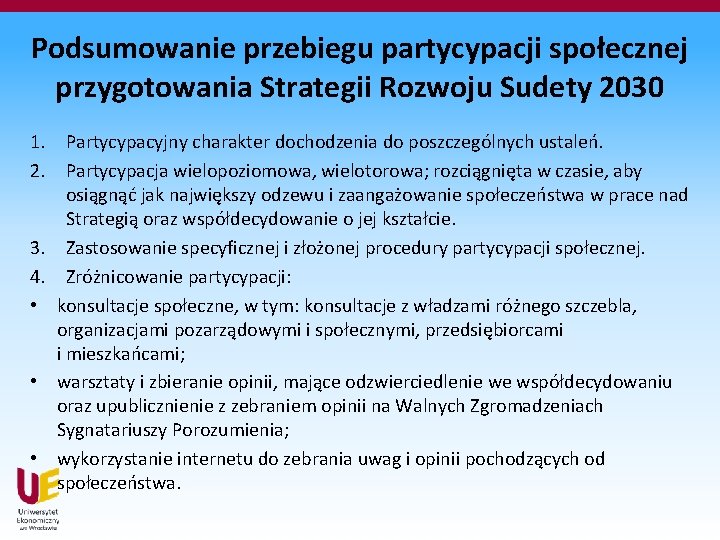 Podsumowanie przebiegu partycypacji społecznej przygotowania Strategii Rozwoju Sudety 2030 1. Partycypacyjny charakter dochodzenia do Podsumowanie przebiegu partycypacji społecznej przygotowania Strategii Rozwoju Sudety 2030 1. Partycypacyjny charakter dochodzenia do