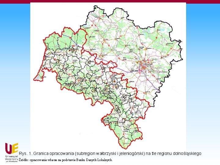 Rys. 1. Granica opracowania (subregion wałbrzyski i jeleniogórski) na tle regionu dolnośląskiego Źródło: opracowanie