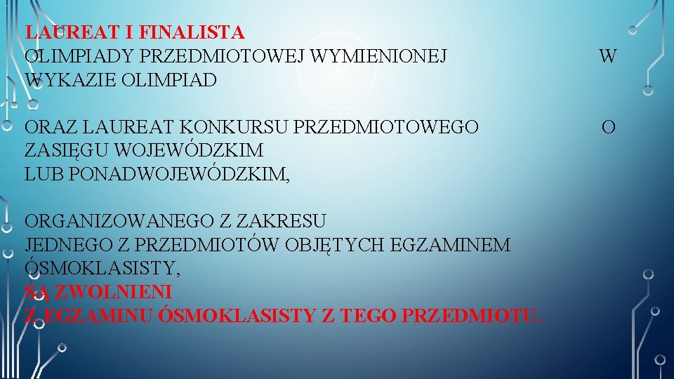 LAUREAT I FINALISTA OLIMPIADY PRZEDMIOTOWEJ WYMIENIONEJ WYKAZIE OLIMPIAD ORAZ LAUREAT KONKURSU PRZEDMIOTOWEGO ZASIĘGU WOJEWÓDZKIM