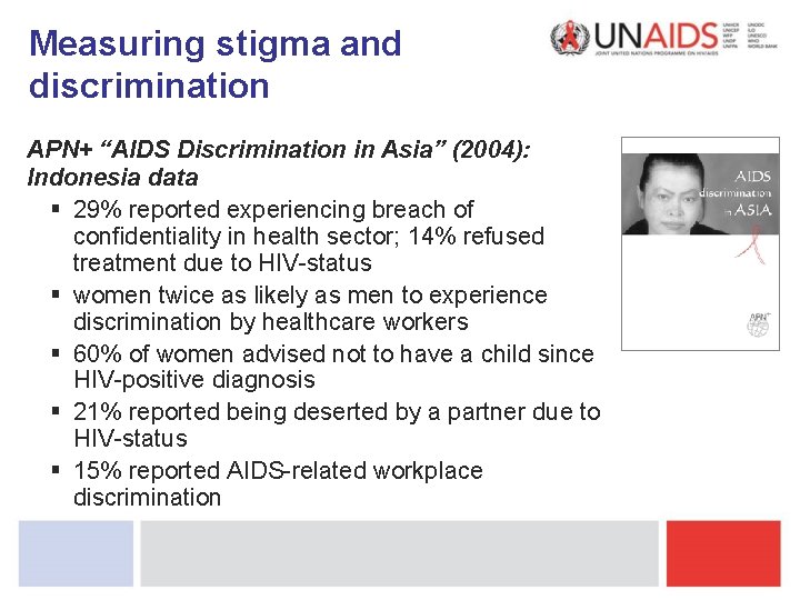 Measuring stigma and discrimination APN+ “AIDS Discrimination in Asia” (2004): Indonesia data § 29%