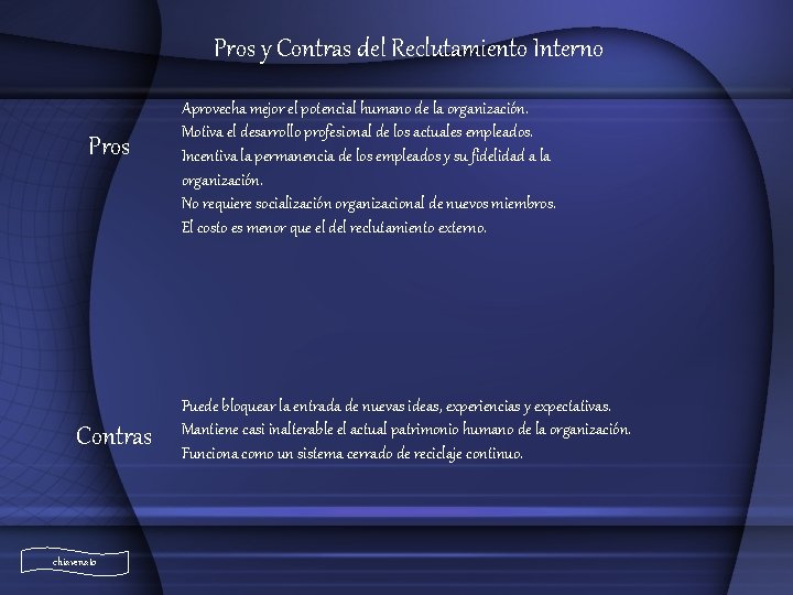 Pros y Contras del Reclutamiento Interno Pros Contras chiavenato Aprovecha mejor el potencial humano Pros y Contras del Reclutamiento Interno Pros Contras chiavenato Aprovecha mejor el potencial humano