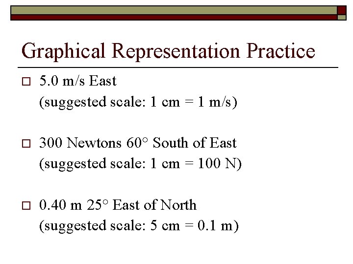 Graphical Representation Practice o 5. 0 m/s East (suggested scale: 1 cm = 1