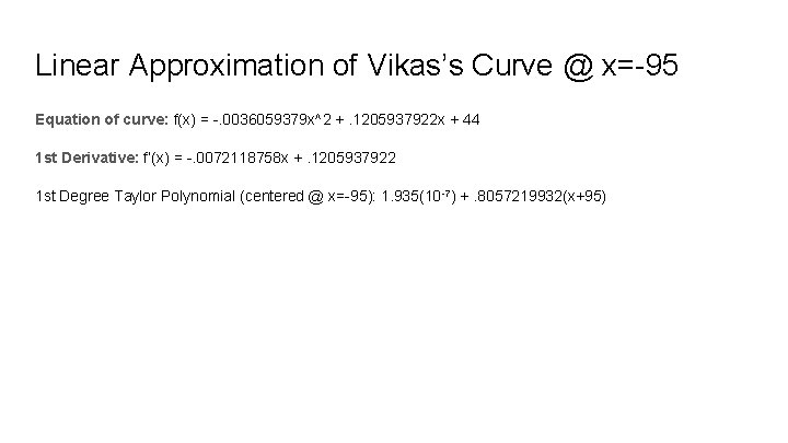 Linear Approximation of Vikas’s Curve @ x=-95 Equation of curve: f(x) = -. 0036059379