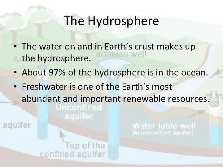 The Hydrosphere • The water on and in Earth’s crust makes up the hydrosphere.