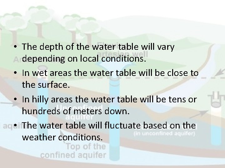  • The depth of the water table will vary depending on local conditions.