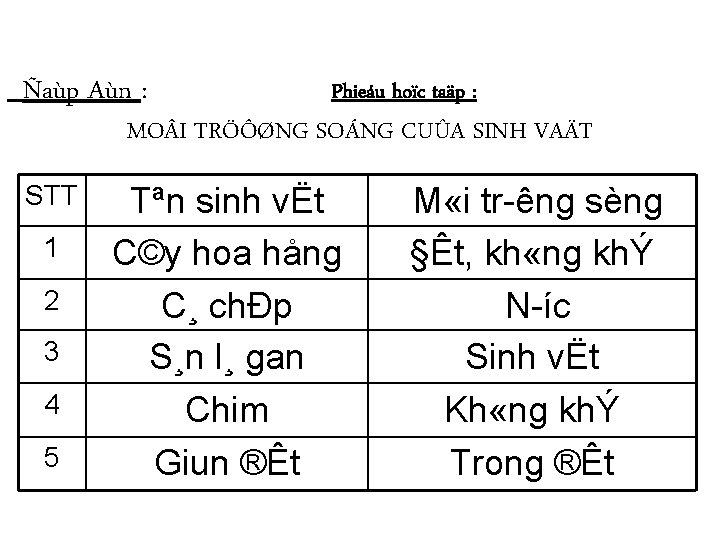 Ñaùp Aùn : Phieáu hoïc taäp : MO I TRÖÔØNG SOÁNG CUÛA SINH VAÄT