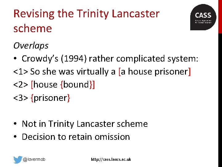 Revising the Trinity Lancaster scheme Overlaps • Crowdy’s (1994) rather complicated system: <1> So