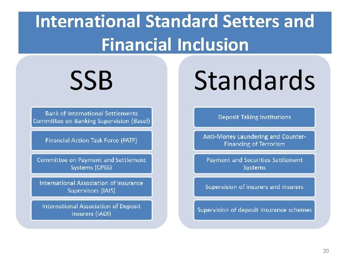 International Standard Setters and Financial Inclusion 20 