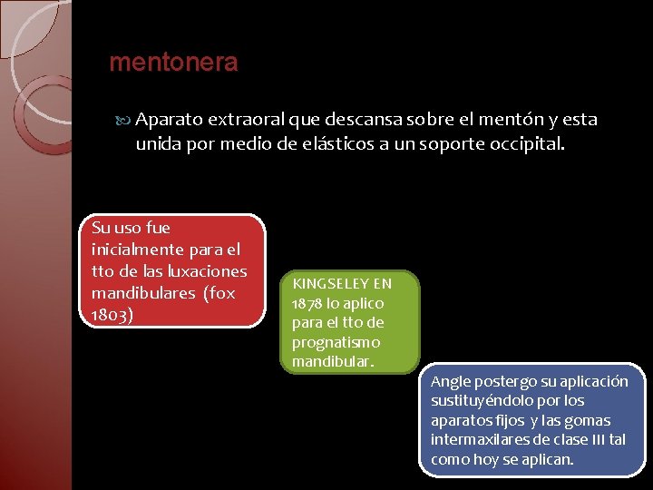 mentonera Aparato extraoral que descansa sobre el mentón y esta unida por medio de