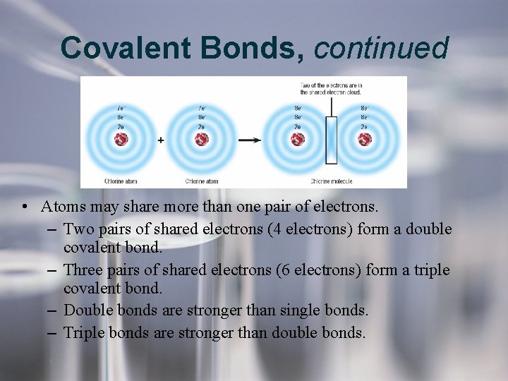 Covalent Bonds, continued • Atoms may share more than one pair of electrons. – Covalent Bonds, continued • Atoms may share more than one pair of electrons. –