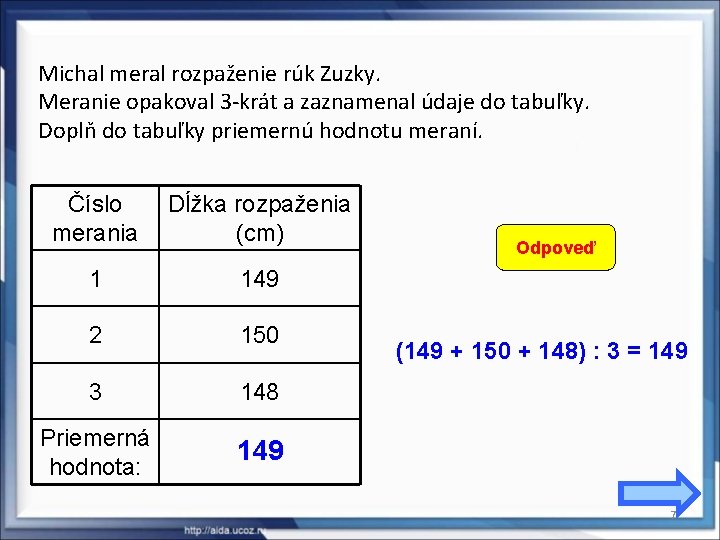 Michal meral rozpaženie rúk Zuzky. Meranie opakoval 3 -krát a zaznamenal údaje do tabuľky.