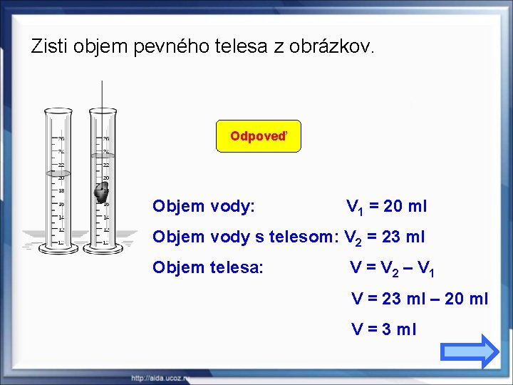 Zisti objem pevného telesa z obrázkov. Odpoveď Objem vody: V 1 = 20 ml