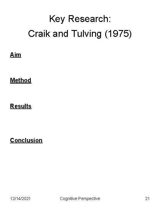 Key Research: Craik and Tulving (1975) Aim Method Results Conclusion 12/14/2021 Cognitive Perspective 21