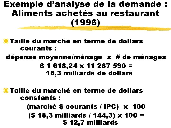 Exemple d’analyse de la demande : Aliments achetés au restaurant (1996) z Taille du