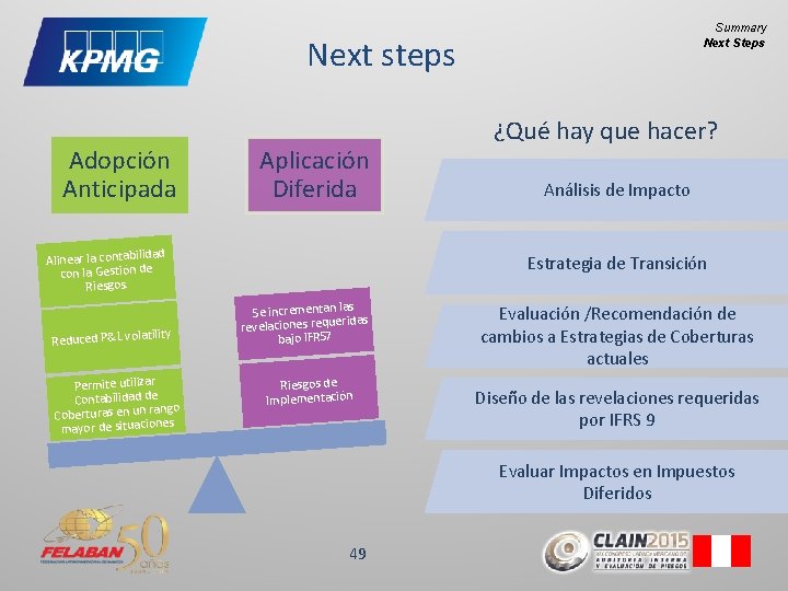 Summary Next Steps Next steps Adopción Anticipada Aplicación Diferida dad Alinear la contabili con