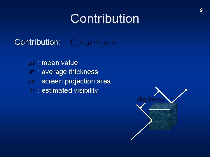 Contribution: : mean value : average thickness : screen projection area : estimated visibility