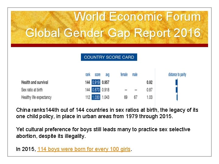 World Economic Forum Global Gender Gap Report 2016 China ranks 144 th out of