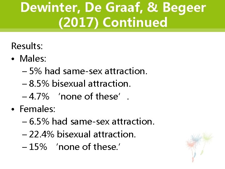 Dewinter, De Graaf, & Begeer (2017) Continued Results: • Males: – 5% had same-sex