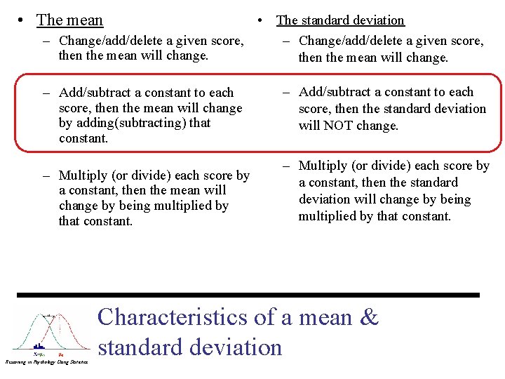  • The mean • The standard deviation – Change/add/delete a given score, then